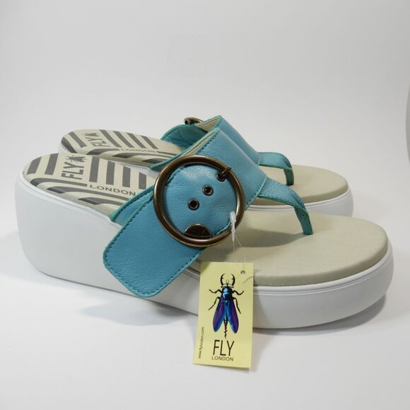 FLY LONDON Dafi SANDALS EU 41 10 10.5 Platform Wedge Thong Turquoise Leather NEW - Picture 3 of 15